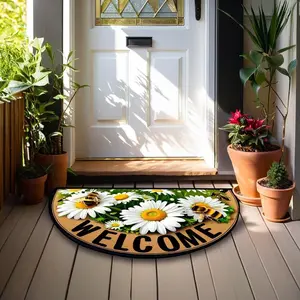 Charming Bee & Floral Welcome Mat for Entryway Doorway Decor, Home Decor Rug, Decorative Anti-Slip Durable Half Round Door Mat, Fashionable Daisy and Bee Design Floor Rug