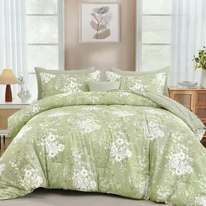 King Size Comforter Set, 8 Pieces Sage Green Floral Bed in a Bag Comforter Sets, Botanical Print Soft Microfiber Complete Bedding Sets for All Season (90"x104")