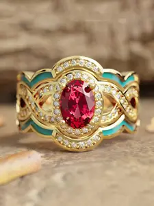 Retro Middle Eastern Style Geometric Oval Ring Set - Luxury Synthetic Zirconia Stackable Rings for Women & Girls Holiday Party Engagement Ring, Perfect for Wedding Jewelry, Daily Wear Anniversary Gift