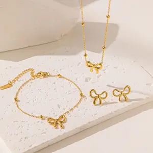 ins style 3pcs  stainless steel Delicate Golden colour Fashion bow neckle bracelet earrings titanium jewelry set