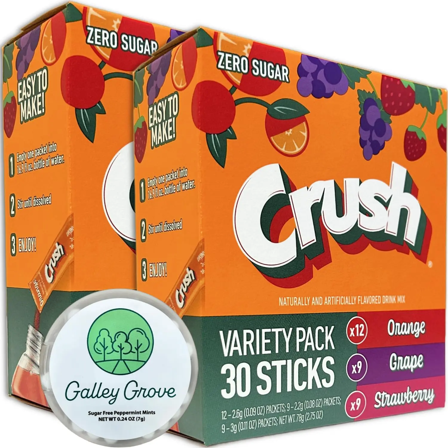 Crush Sugar Free Drink Mix Variety Pack 60 Packets, Orange Grape Strawberry Water Flavor Powder, 2 x 30 Ct Boxes with Galley Grove Mints