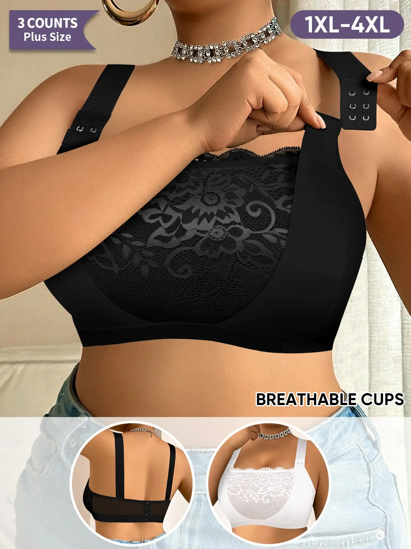 Morelect Women's Lace Push-Up Bra, 1xl-4xl, Wide Straps Anti-Sagging, Front Buckle Easy-On, Comfortable Backless Underwear, 2-Pack