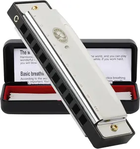 10 Holes 20  Blues Harp Mouth Organ Harmonica, Diatonic Blues Harmonica Key of C, For  Adults Student Beginners Professionals, with Hard Case and Cleaning Cloth (Sliver)