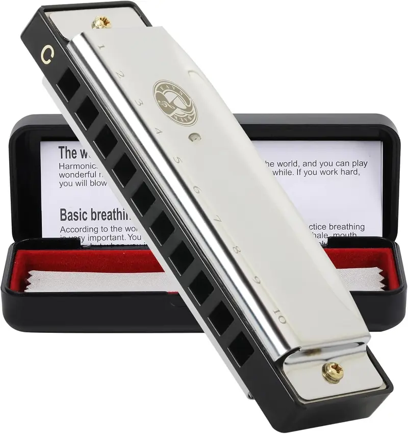 10 Holes 20  Blues Harp Mouth Organ Harmonica, Diatonic Blues Harmonica Key of C, For  Adults Student Beginners Professionals, with Hard Case and Cleaning Cloth (Sliver)