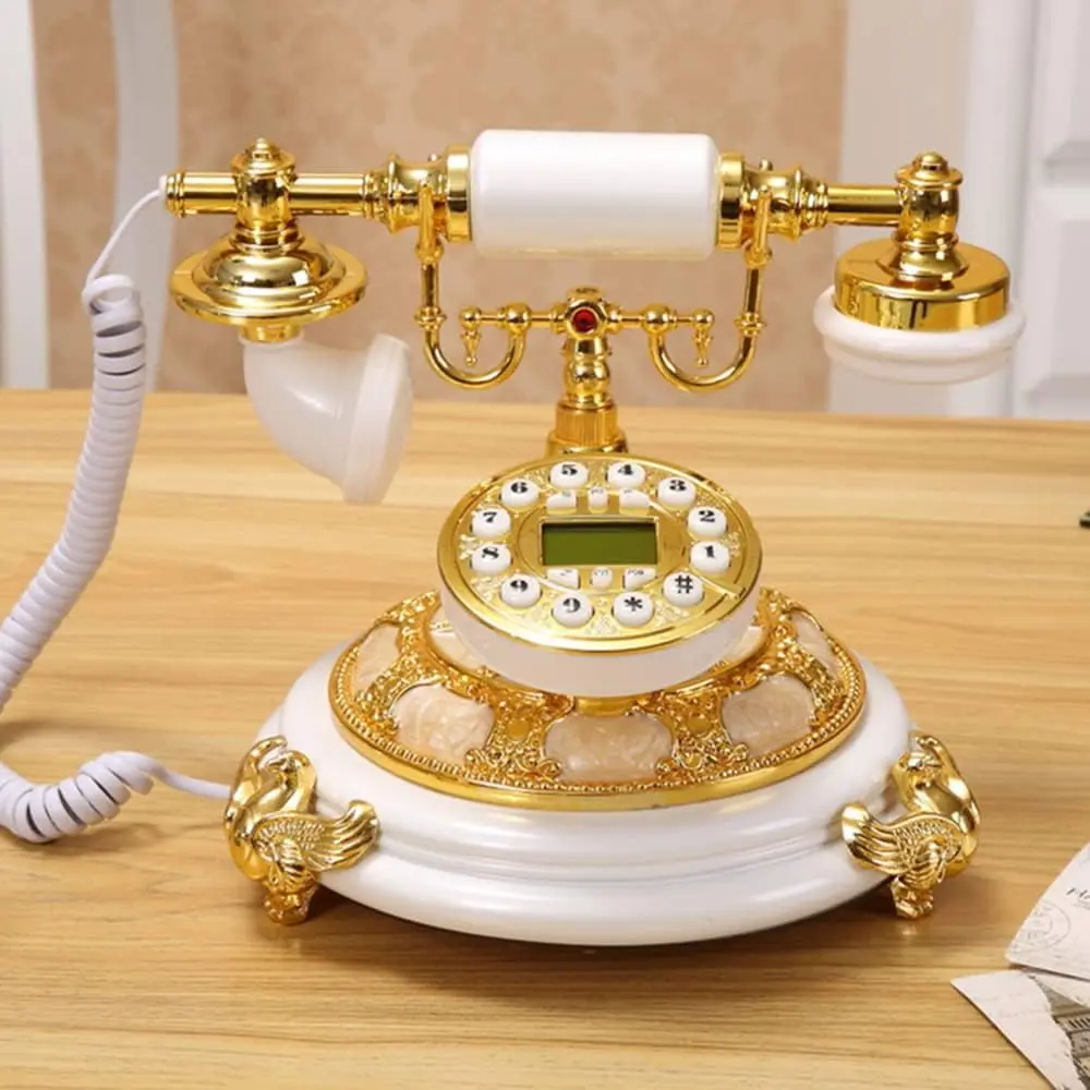 Vintage Retro Luxury European Antique Rotary Dial Telephone - Resin Metal (Gold-White) 1 Unit, 5.07lb Decor & Fixed Phone with 32 Bits Memory, Clock, Call Back, Date, Auto Function, Full-View Backlight, Hands-Free for Home/Hotel Desktop