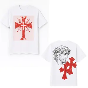 Men's 100% Cotton T-Shirt with Red Cross and Jesus Graphic Design for Casual Wear
