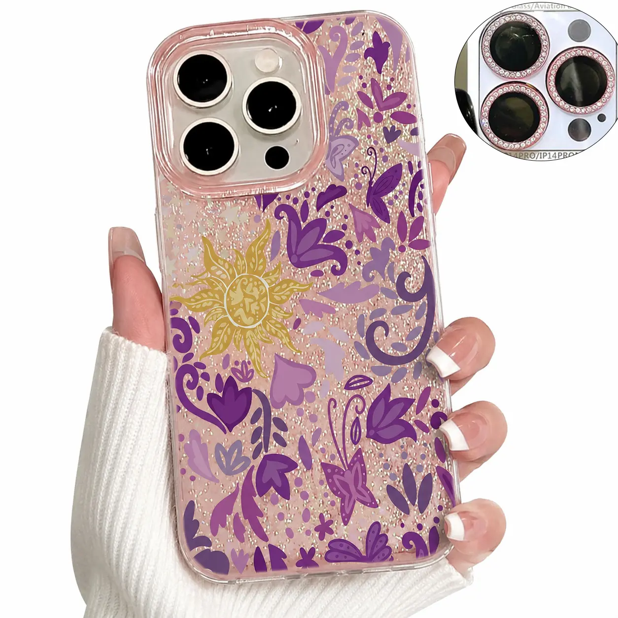 Women's Glitter Panel Phone Case & Lens Protector Kit Accessories for iPhone Series, Tangled Sun Floral Pattern, Shockproof, Slim, Golden Button, Beach-Friendly, Easy Installation, Fits iPhone 17Pro Max,16,15,14,13,12PLUS/AIR