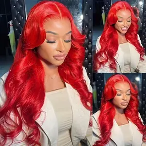Hot Red Color 13x6 HD Transparent Lace Front Body Wave Wigs For Women 180% Density Pre plucked Straight Lace Wig