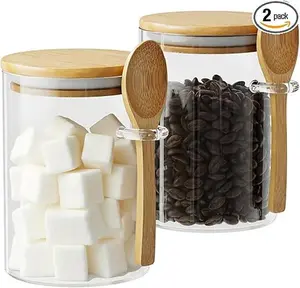 Glass Sugar Container with Spoon - 2 Pack 15oz Glass Jars with Bamboo Lid and Spoon Bamboo Lid Storage Jar Containers for Coffee Beans Spice Brown Sugar Tea Flour Nuts Candy Salts and More