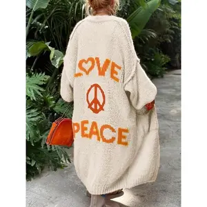 Letter Pattern Open Front Cardigan, Casual Drop Shoulder Long Sleeve Cardigan For Spring & Fall, Women's Clothing Knitwear Womenswear