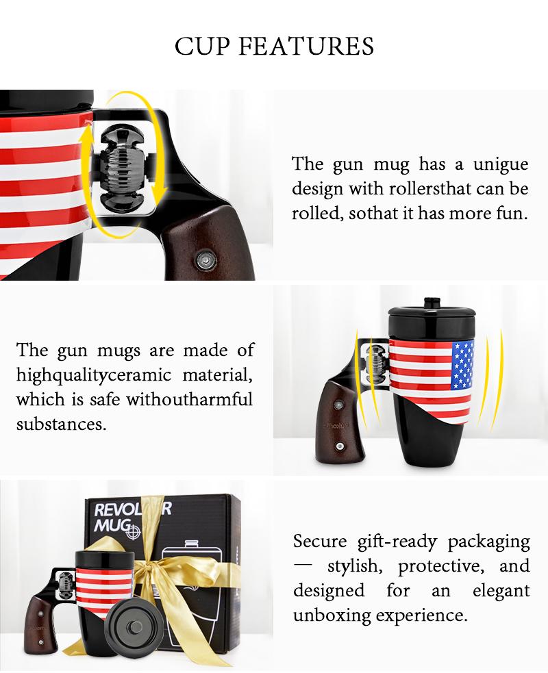 Pukomc   Black Cool Revolver Ceramic Mug with Wooden Handle - 16 oz Flag Design, Reusable Coffee, Tea & Water Cup, Washable Tumbler Ergonomic