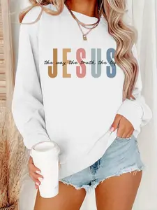 Women's Letter Print Drop Shoulder Sweatshirt, Tops, Casual Chic Fitted Long Sleeve Round Neck Pullover for Fall & Winter, Women's Clothes for Daily Wear, Womenswear
