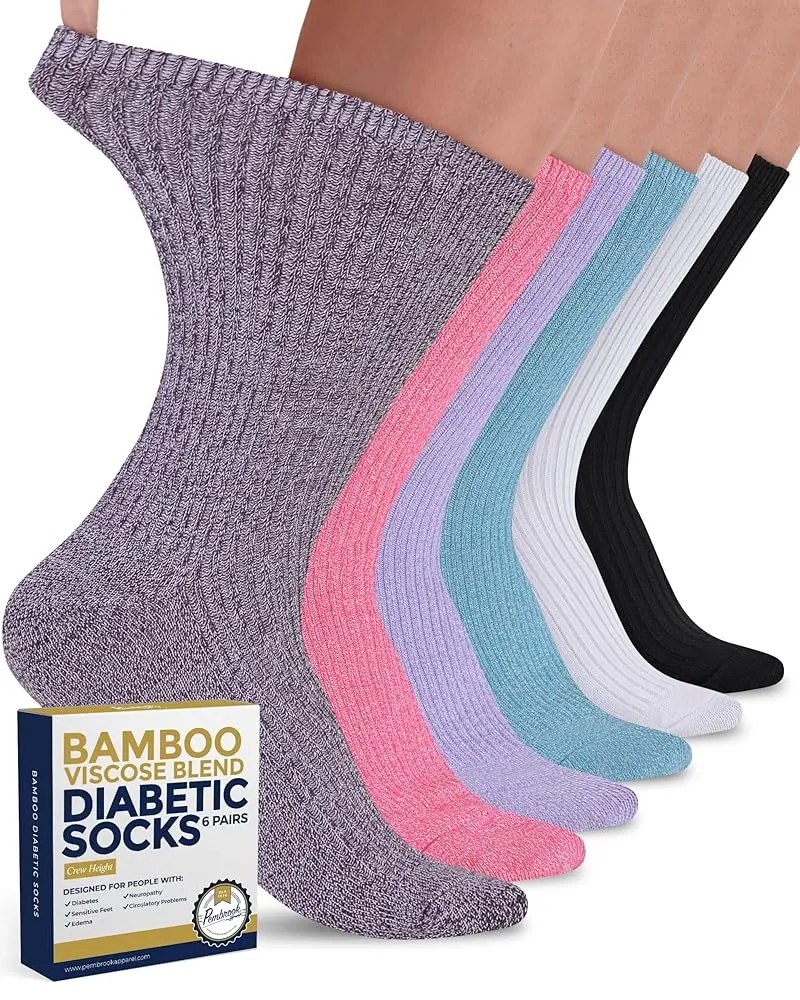 Pembrook Bamboo Viscose Diabetic Socks for Women Size 9-11 | 6 Pairs Ribbed Knit Crew Socks | Multiple Colors Pembrook Bamboo Viscose Diabetic Socks for Women Size 9-11 | 6 Pairs Ribbed Knit Crew Socks | Multiple Colors