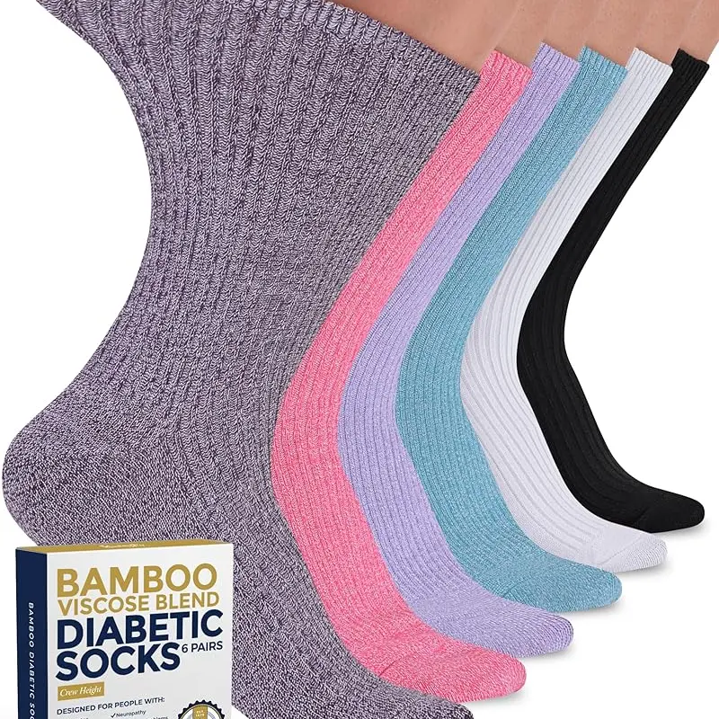 Pembrook Women's Bamboo Blend Calf High Diabetic Crew Socks, 6 Pairs Ribbed Knit Soft Breathable Non-Binding Hosiery, Size 9-11, Leg Care, Foot Pain Relief, Fit, Cozy Feet