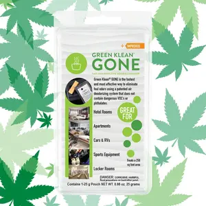 Green Klean Gone Odor Eliminator - Fast & Effective for Smoke Food Pet Musty Smells - 25g Pouch - Ideal for Hotel Rooms Apartments Cars RVs Sports Equipment