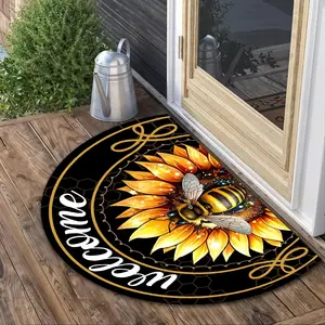 1Pc Sunflower Honey Bee Design Semi-Circular Mat, Washable Rugs, For Entrance Door, Bathroom, Living Room, Laundry Room, Home Decor And Accessories, Soft, Easy To Clean And Maintain, Birthday Gifts, Kitchen Decor,Christmas Home Decor,Thanksgiving Gifts