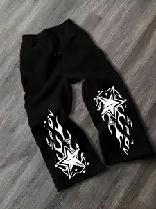 Men's Casual Loose-Fitting Sports Pants with Star & Flame Graphic Print, Wide-Leg Drawstring Style for All Seasons, Perfect for Relaxed
