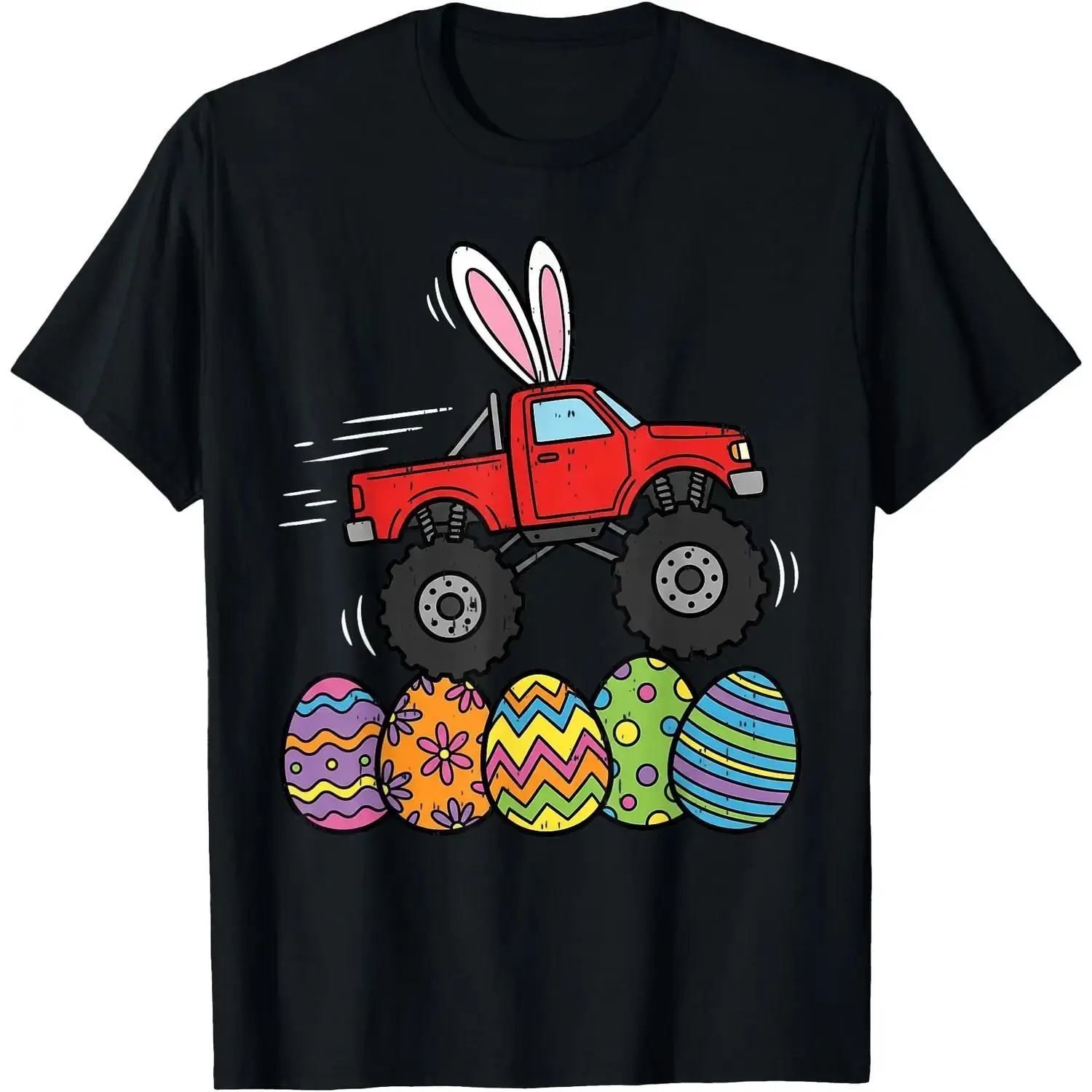 Women's Short-Sleeve Round Neck Casual Streetwear Top - Easter-Themed Monster Truck and Egg Graphic T-Shirt for Cheerful Celebrations