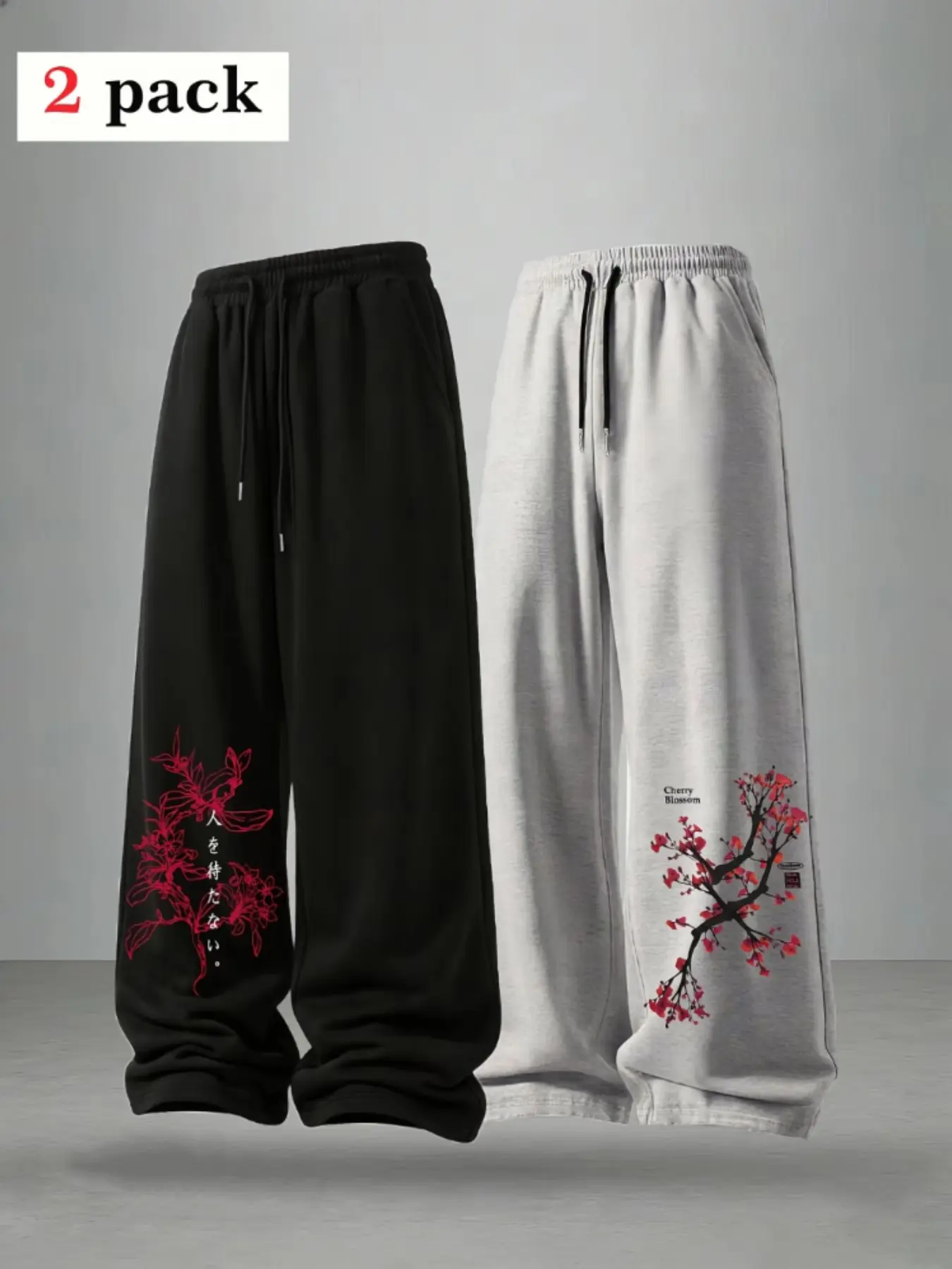Men's Loose Floral Print Drawstring Sports Pants, Adjustable Waist, Outdoor Versatile Long Pants, Straight Leg Casual Pants, Drawstring Sweatpants 2 Pairs