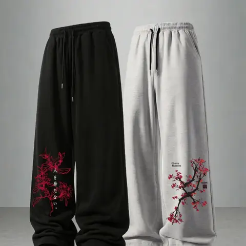 Men's Loose Floral Print Drawstring Knitted Sports Pants, Adjustable Waist, Outdoor Versatile Long Pants, Men's Straight Leg Casual Pants, Casual Sporty Trousers
