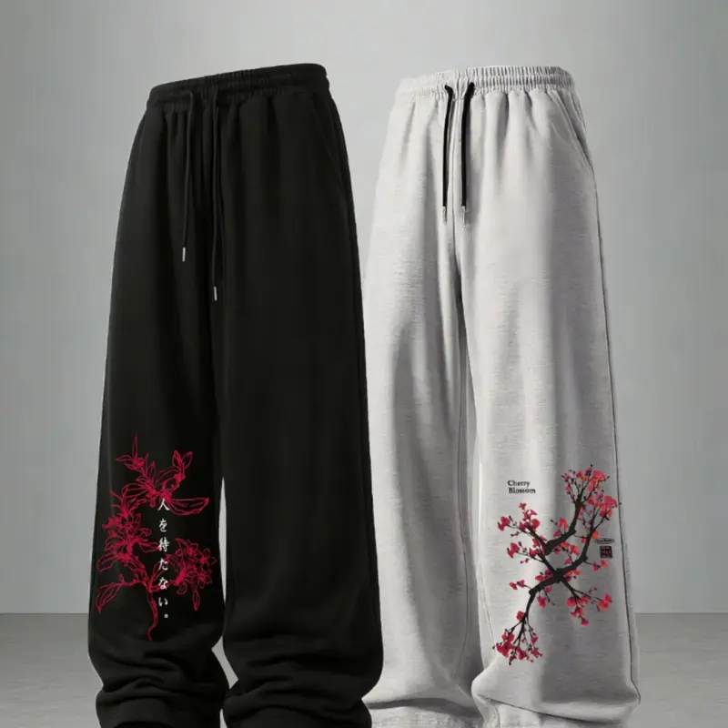 Men's Loose Floral Print Drawstring Knitted Sports Pants, Adjustable Waist, Outdoor Versatile Long Pants, Men's Straight Leg Casual Pants, Casual Sporty Trousers