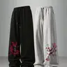 Men's Loose Floral Print Drawstring Knitted Sports Pants, Adjustable Waist, Outdoor Versatile Long Pants, Men's Straight Leg Casual Pants, Casual Sporty Trousers