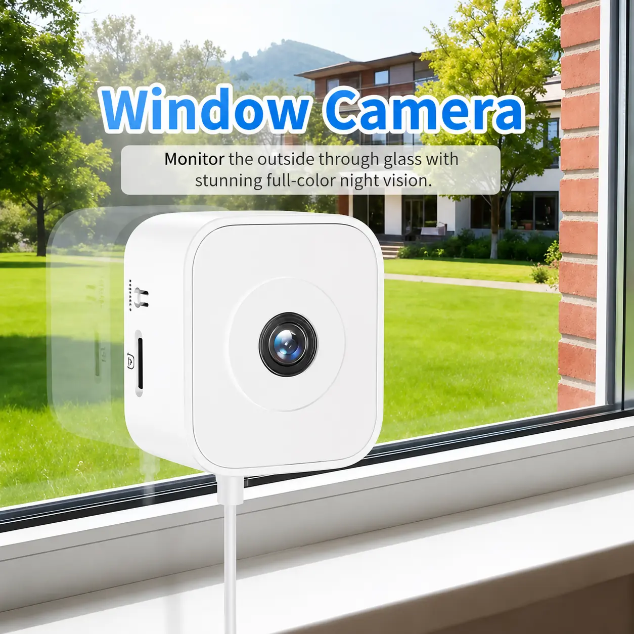 Window Camera, supports 2.4GHz and 5GHz WiFi, home security camera with ColorVue AI full color night vision, alarm, and human motion detection, 24/7 recording, easy installation, cloud storage and SD card support