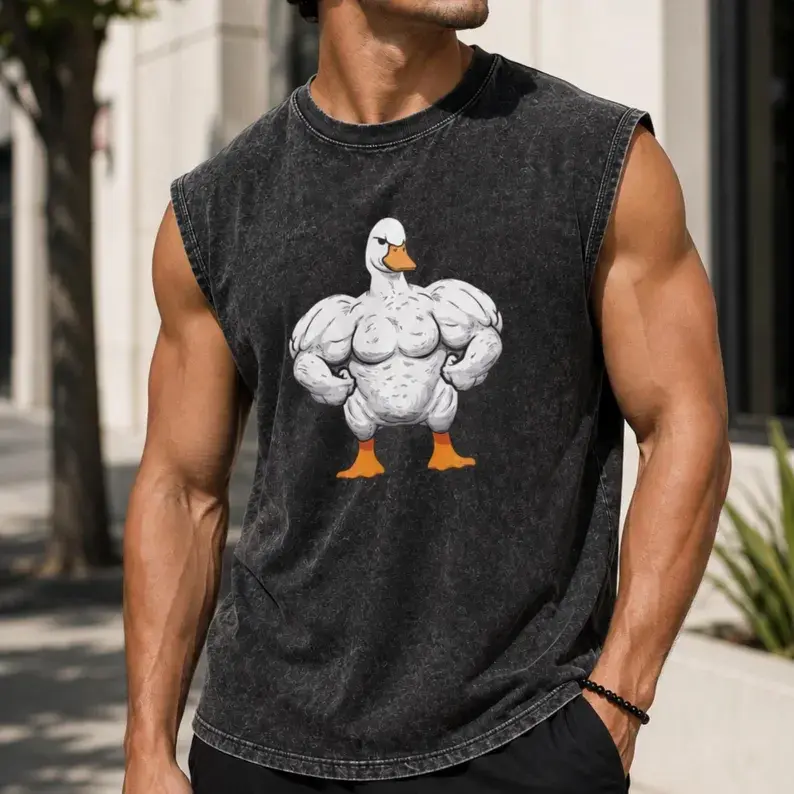 Muscle Duck Graphic Sleeveless T-Shirt – Funny Gym Workout Tank Top, Vintage Washed Fitness Tee for Men