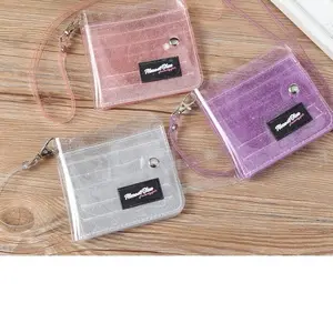 Jelly Sparkle Wallet for Women, Bifold Wallet Purse with Lanyard Cute Jelly Coin Pouch ID Case pink white clear