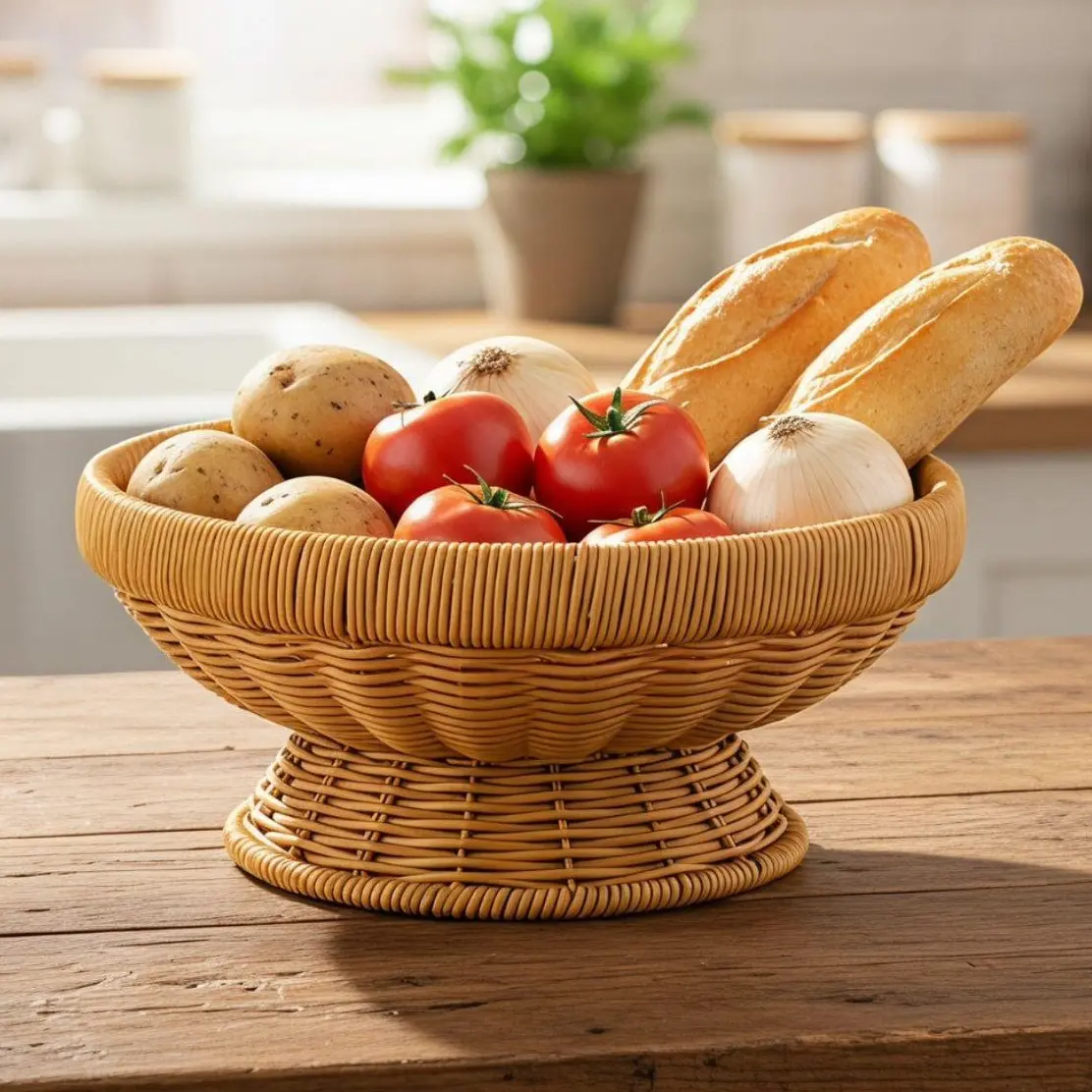 Plastic Rattan Handwoven Storage Basket Tray - Waterproof, Moisture-Proof, Durable, Drop-Resistant, Easy-Cleaning Home Kitchen Daily Use Multifunctional Home Organizer