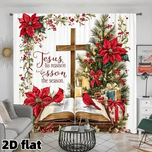 2D Flat 2Pcs Christmas Bible Poinsettia Curtains Red Cardinal Bird Holly Berry Print Rod Pocket Panel Semi Sunshade Polyester Living Room Bedroom Window Treatment Decor Holiday Season Gift Decoration Anti Privacy