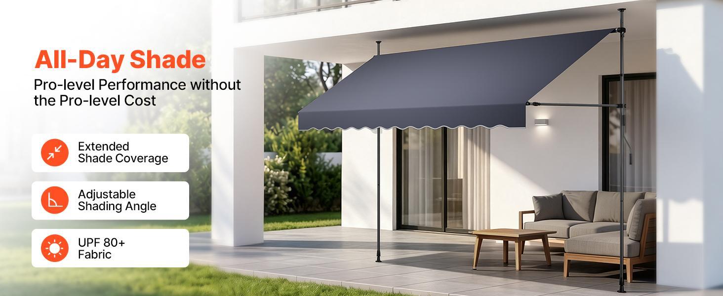 VEVOR Manual Retractable Awning, 138" Outdoor Retractable Patio Awning Sunshade Shelter, Height Adjustable Patio Door Window Canopy with Manual Crank Handle for Backyard, Garden, Balcony, Dark Gray