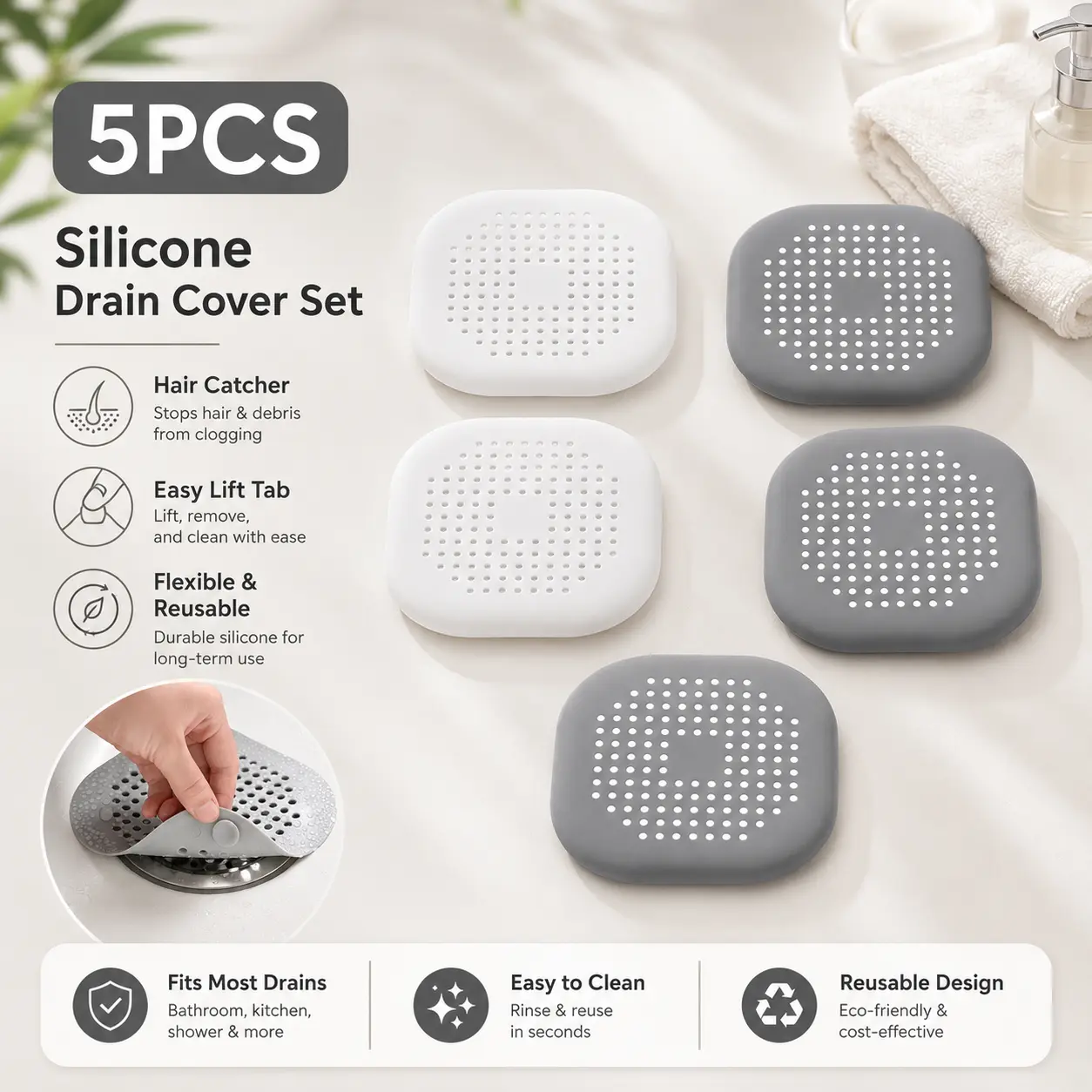 5-Pack Modern Universal Silicone Rubber Hair Catchers, Drain Protection Cover for Shower, Bath Sinks and Bathtubs, Clog-Free Drains Assurance, Bathtub, Drain Bathtub Accessories, Clog Prevention Bathtub Accessories