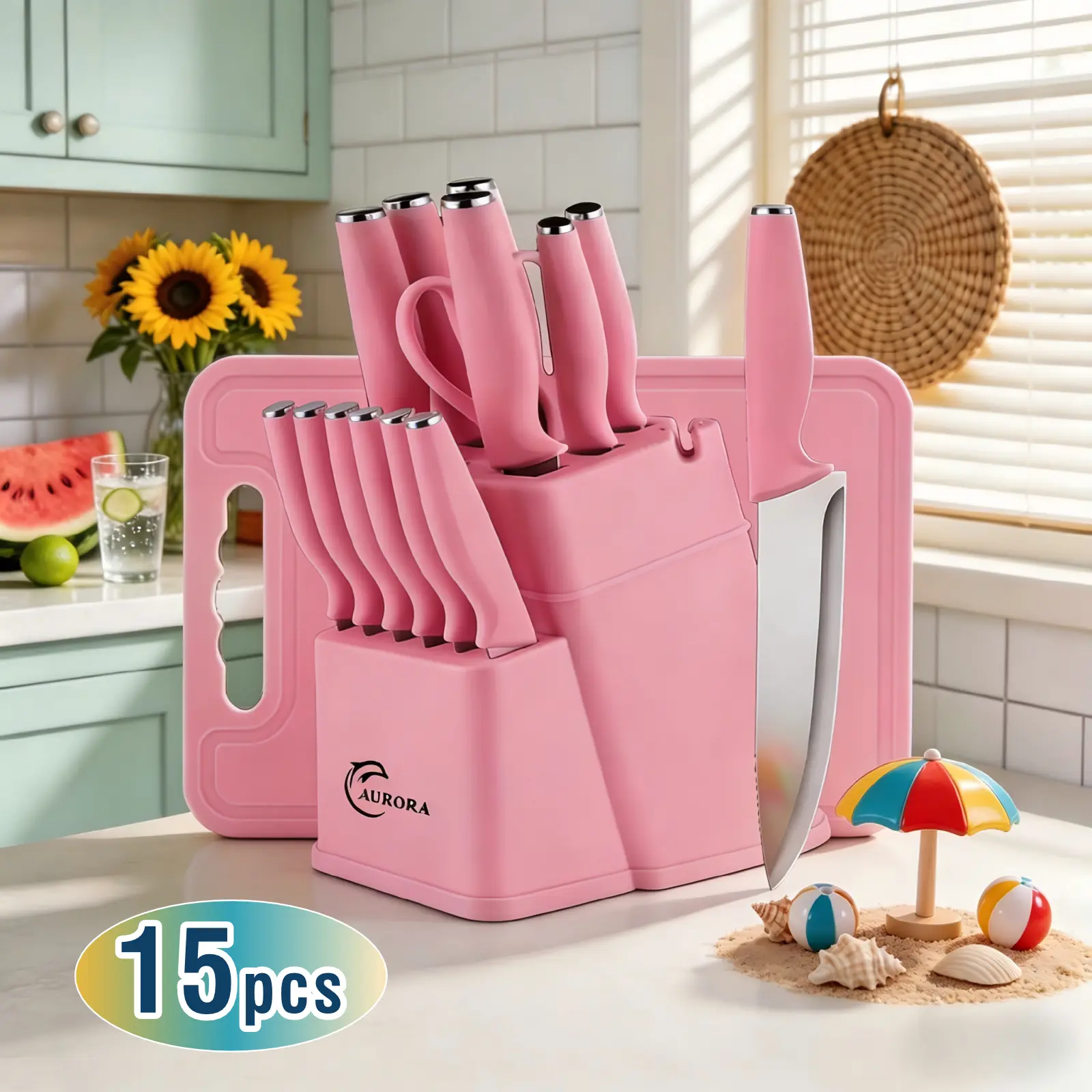 15-piece pink kitchen utensil set featuring sharp stainless steel knives paired with a cutting board and knife holder; dishwasher safe, ergonomic handles, suitable for everyday cooking.