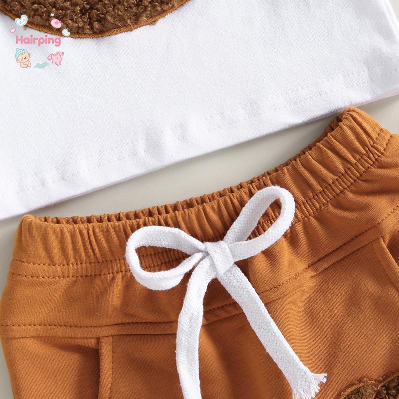 Baby Boys Summer 2-piece Outfits, Cartoon Bear Pattern Short Sleeve T-shirt and Casual Elastic Shorts Set, Casual Baby Boys Outfits