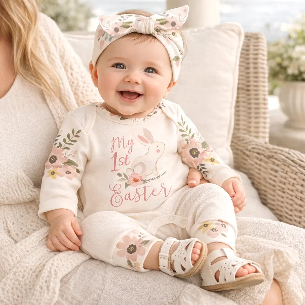LS Romper - Ivory Romper W/Meadow Fields Sleeves #015L My First Easter Silkscreen