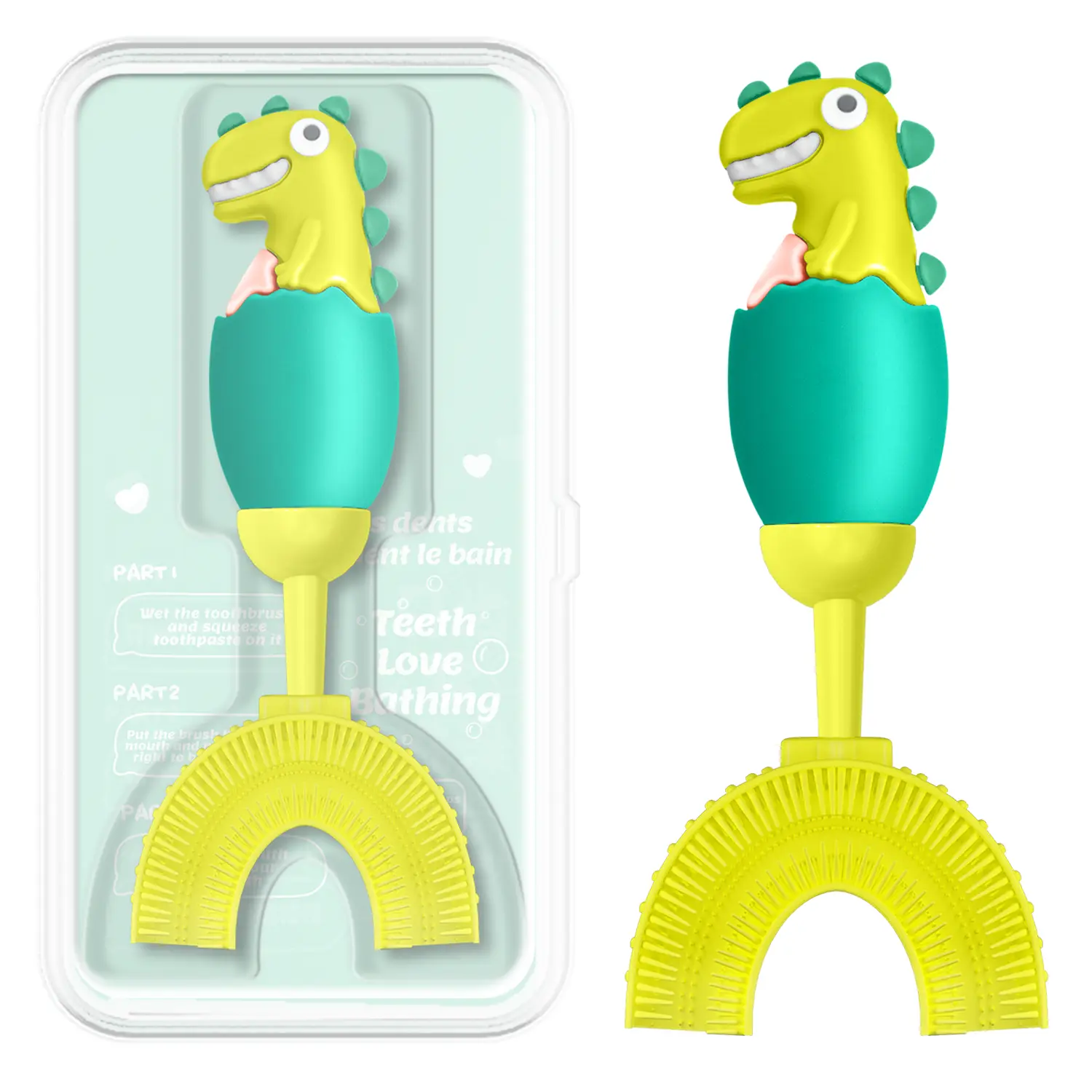 Manual U-Shaped Toothbrush for Kids Ages 2-7， Soft Food-Grade Silicone for Sensitive Gums， 360° Teeth Cleaning Design，Training & Travel-Friendly Toddlers' Toothbrush (Light Green))