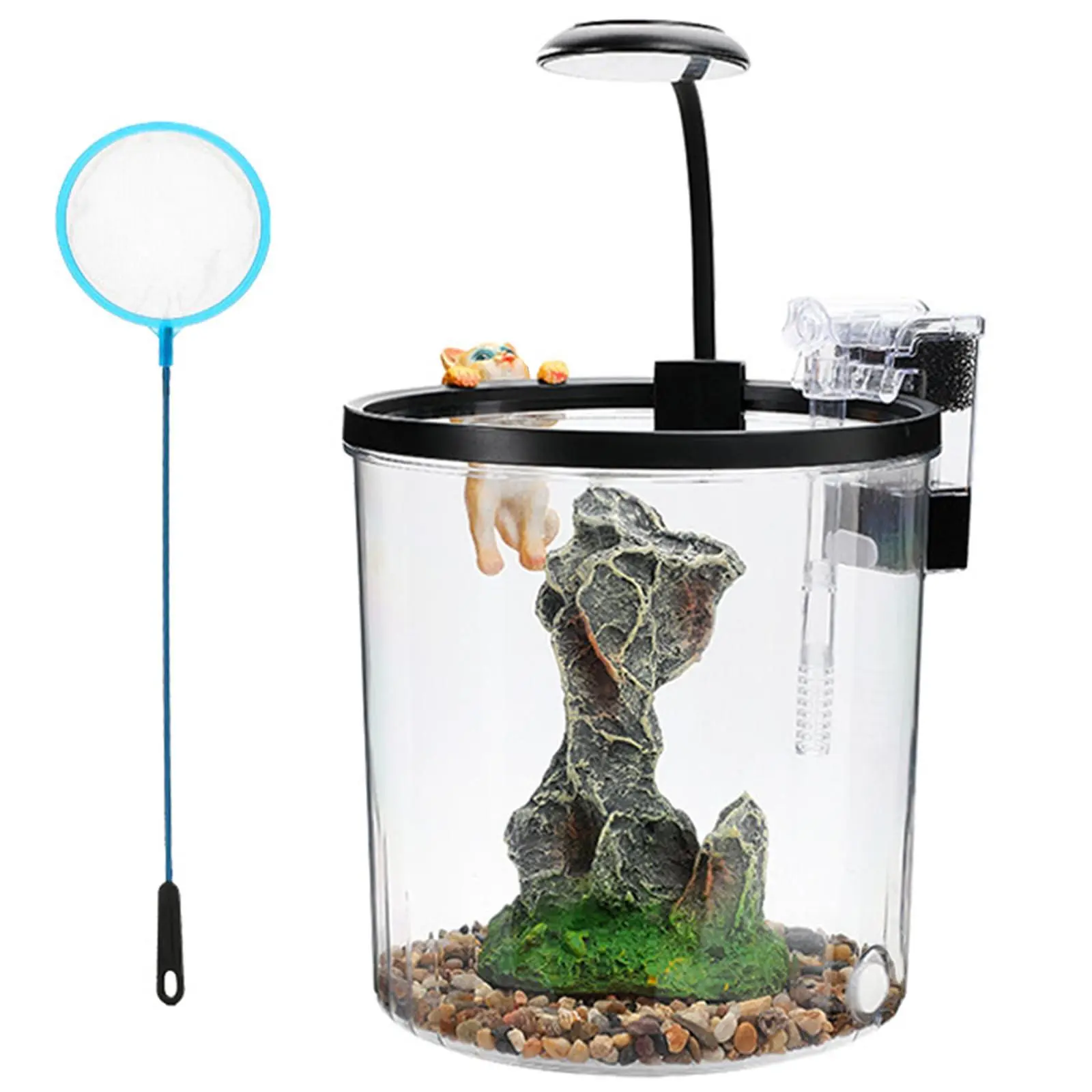 Mini Desktop Fish Tank Kit – 1.5 Gallon Plastic Aquarium Starter Set with Silent Filter, LED Light & Oxygen Generator – Ideal Betta & Goldfish Tank for Home/Office – Black