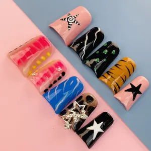 FY117-22-10 Pcs Handmade Duck Nails Carnival Holo｜Neon Dots & Rainbow Gems｜Gen Z Street Cred