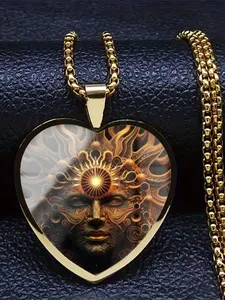 A transparent glass heart necklace adorned with a 2D vintage pattern.