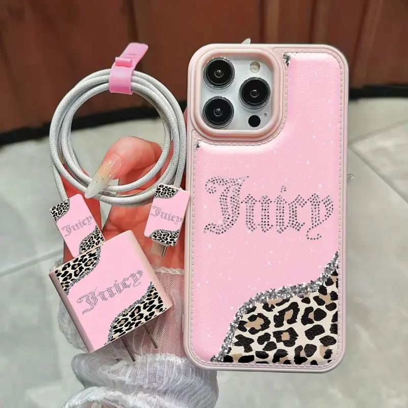 Leopard Text Pattern Phone Case and Charger Protector, Tpu Anti-Drop Cover for iPhone 17/17promax, Valentine's Day Gift