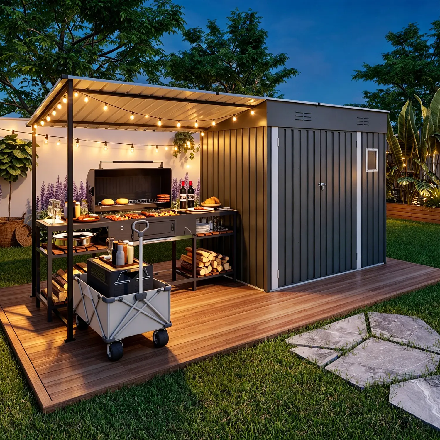 12x4 FT Metal Lean to Shed with Open-Sided Pergola,4x6 FT Outdoor Storage Shed & 6x4 FT Attached Hardtop Gazebo Combo,2-in-1 Durable Garden Tool Shed for Patio, Backyard, Deck,Gray