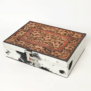 American Darling Hair-On Cowhide Hand Tooled Floral Carved Leather Jewelry Case Genuine Western Leather with YKK Zipper