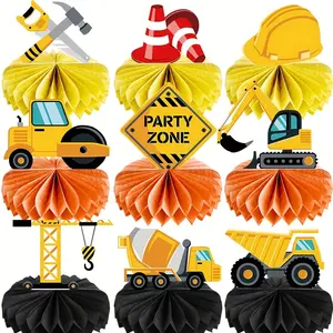 9 Pieces Construction Party Centerpieces, Honeycomb Car Truck Decorations, 3D Table Settings for Birthday Parties, Favors & Supplies