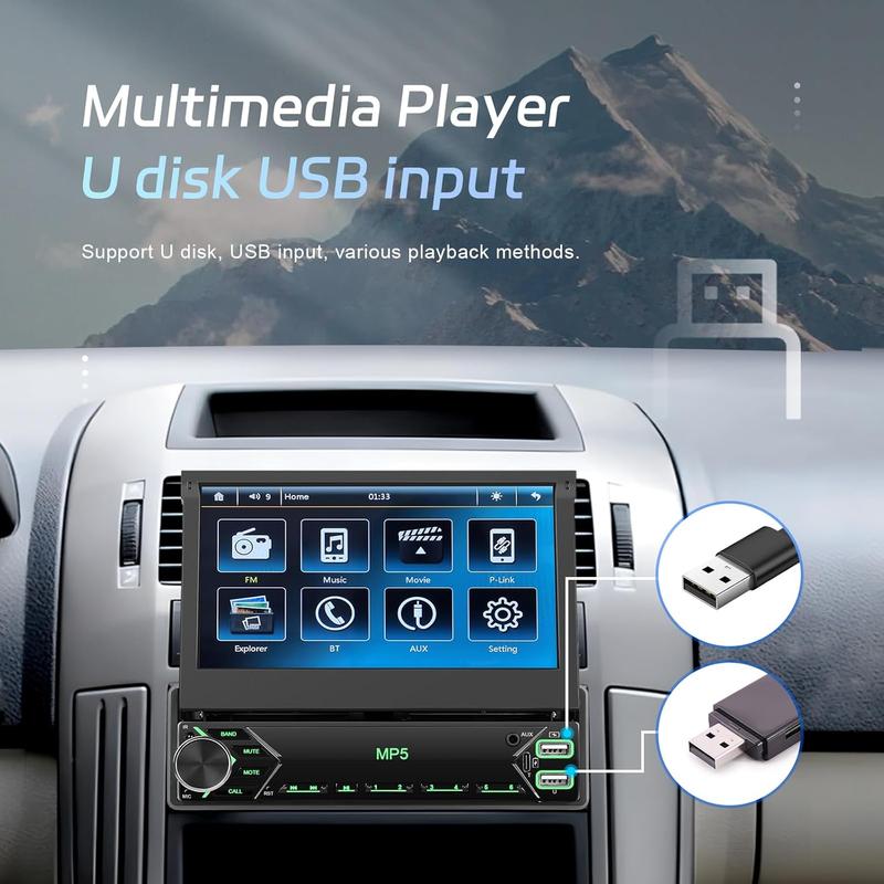 Car Stereo Single Din Touchscreen, 7 Inch Flip Out Car Radio 1 DIN with Bluetooth FM Radio Mirror Link for Android/iOS Phone Support TF/USB + Camera + MIC