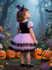 （Only dress ）Halloween Mesh Dress Kids Cartoon Kurumi Short Sleeve Party Gown Lolita Princess Costume All Seasons Fitted Style