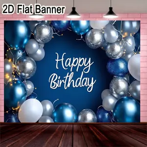 2D flat banner, 1pcHappy Birthday Decoration with Shiny Balloons in Deep Blue Background, Elegant White Cursive 'Happy Birthday' Message, Festive Party Supplies, Circular Balloon Border, Ideal for Birthday Celebrations