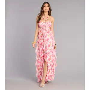 Double Take Floral Chiffon Ruffle Maxi Dress