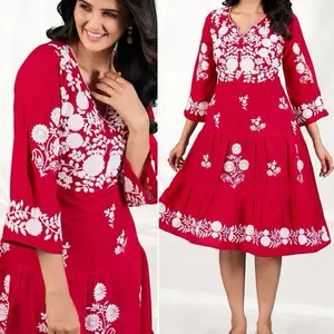 Hot pink color size 40 Frock Style Kurta - Floral Print V-Neck Casual Summer Dress in Rayon Fabric for Women's Comfortable Wear