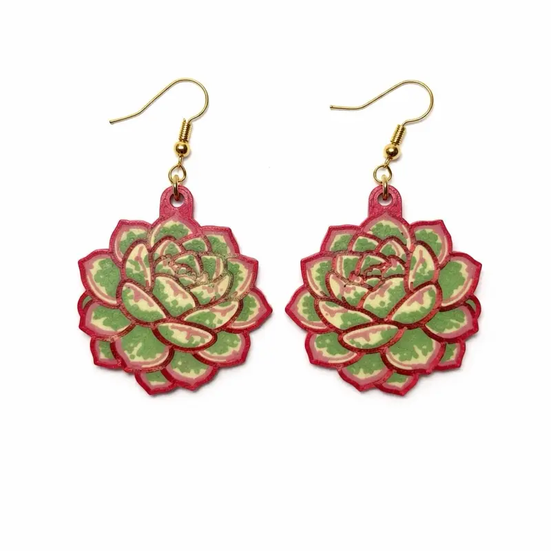 Variegated Echeveria Succulent Flower Dangle Earrings – Retro Botanical Statement Jewelry